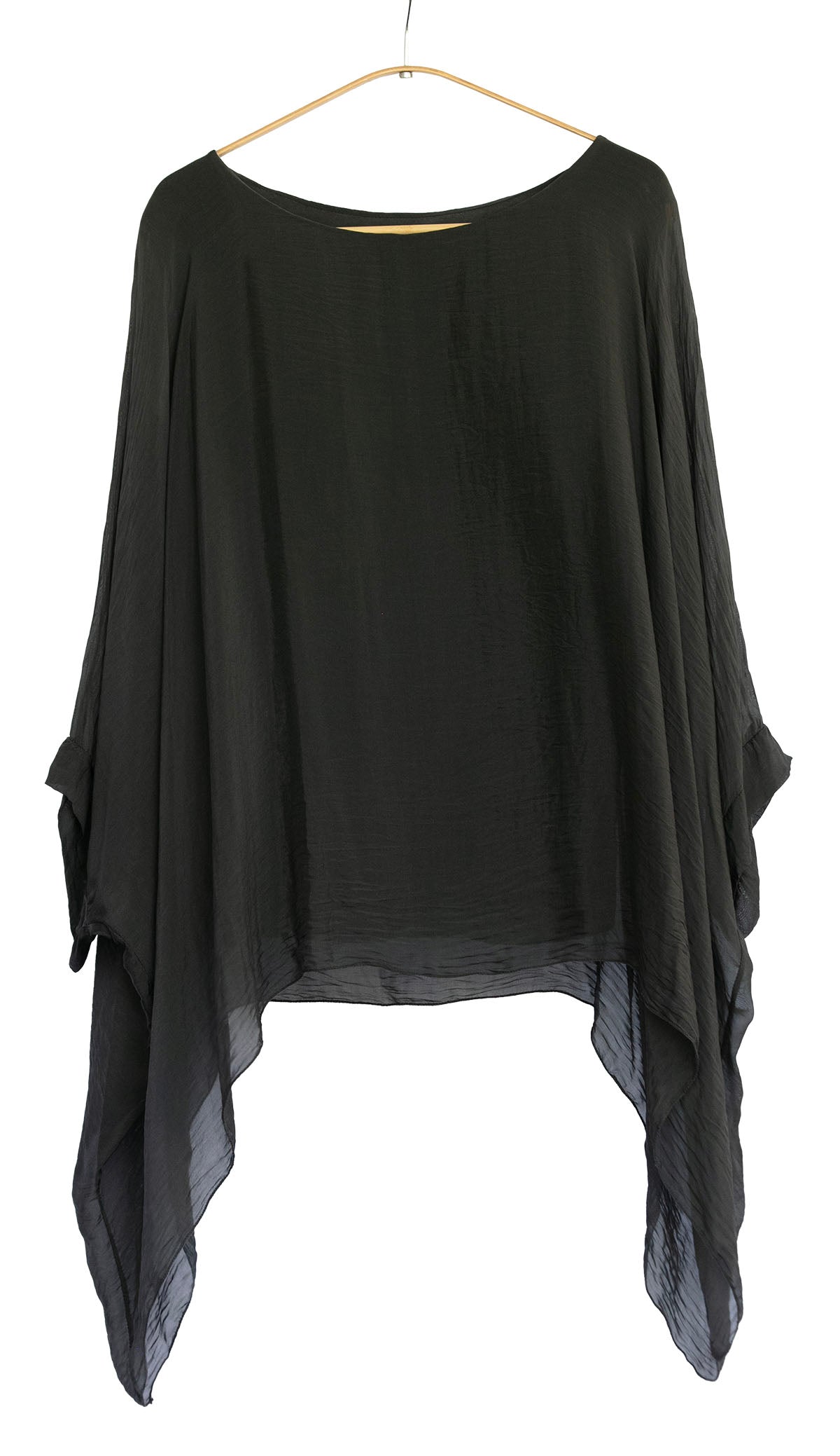 Black draped top on a hanger against a white background